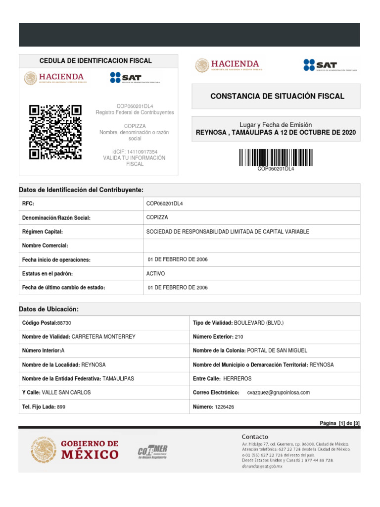 Identificación Fiscal de Copizza | PDF | Impuesto sobre la renta | Gobierno