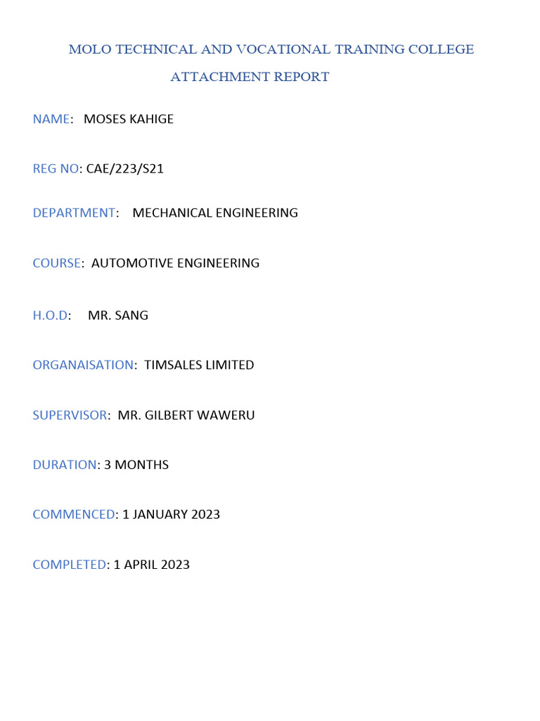 Automotive Engineering Attachment Report | PDF | Internal Combustion ...