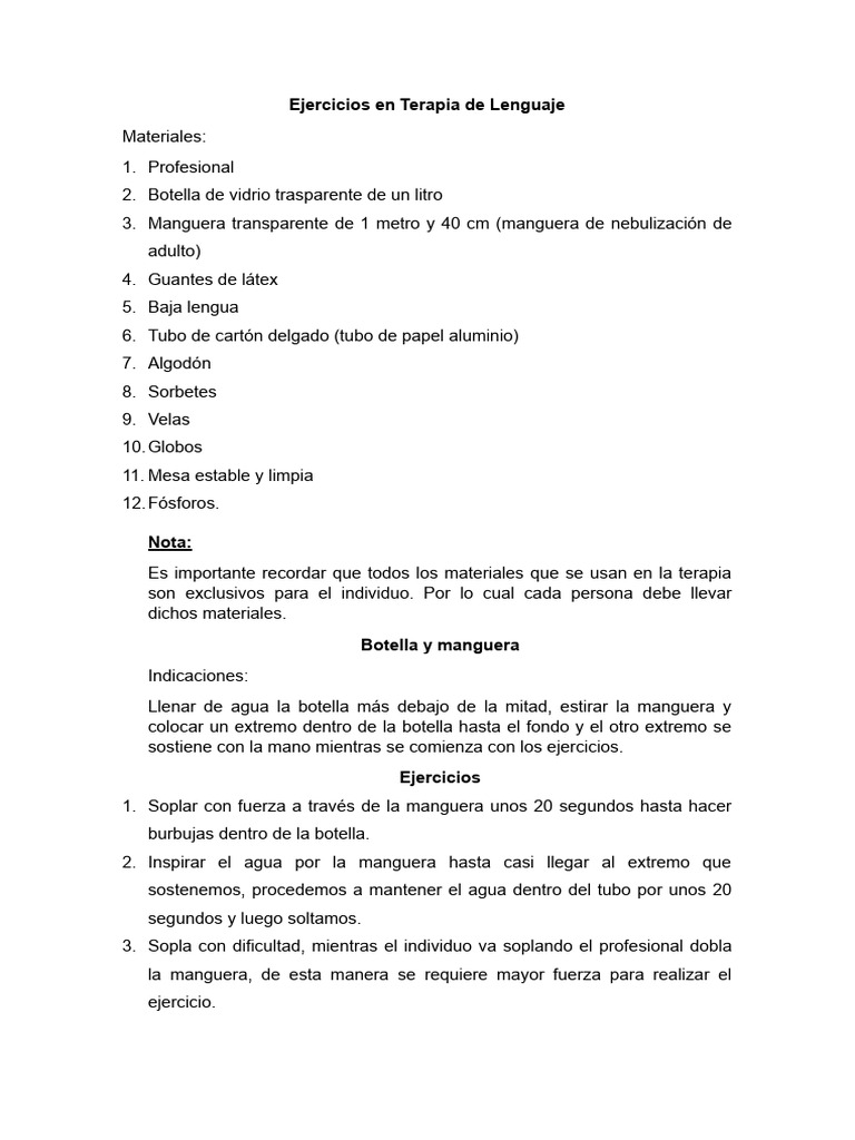 Ejercicios Prácticos de Terapia de Lenguaje | PDF | Botella | Boca