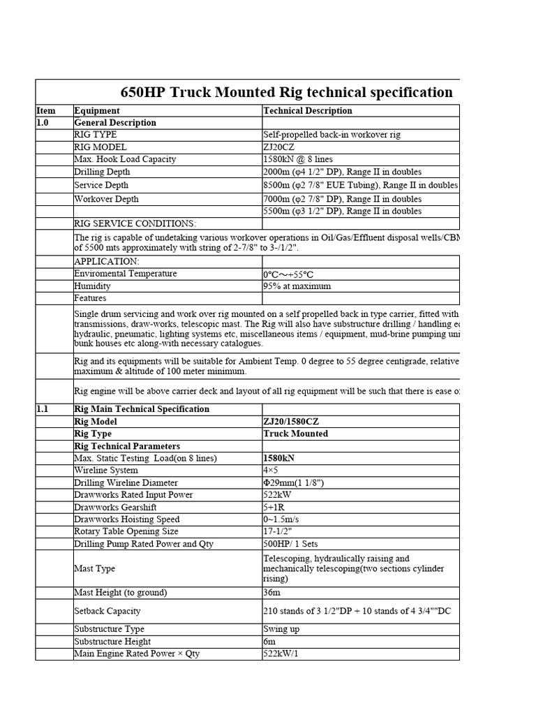 650HP Truck Mounted Rig Technical Specification | PDF