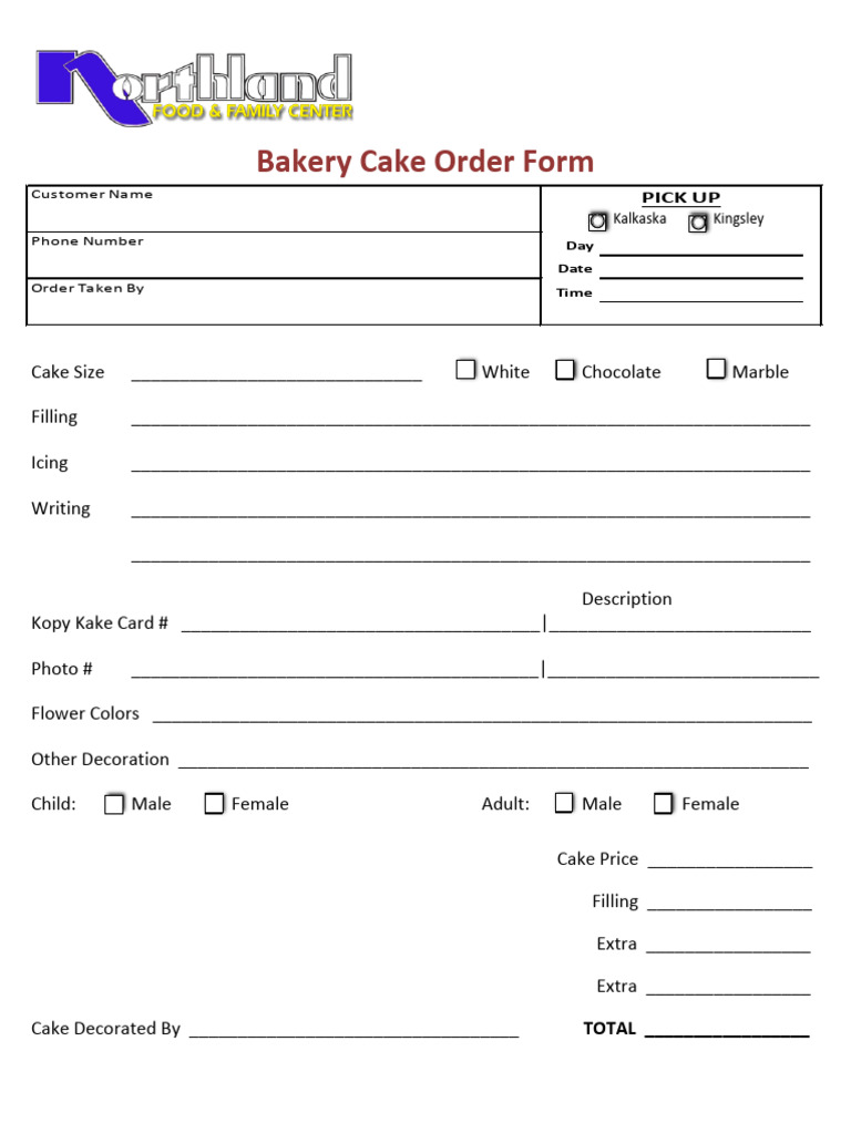 Bakery Cake Order Form PDF