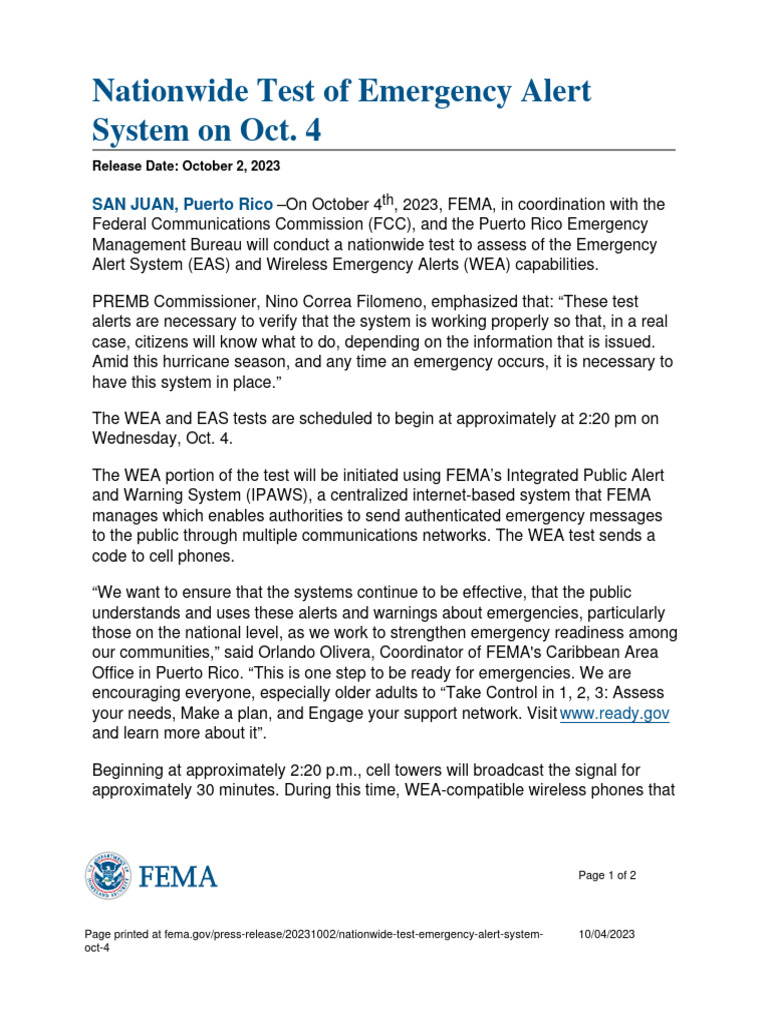 Nationwide Test of Emergency Alert System On Oct 4 Download Free PDF
