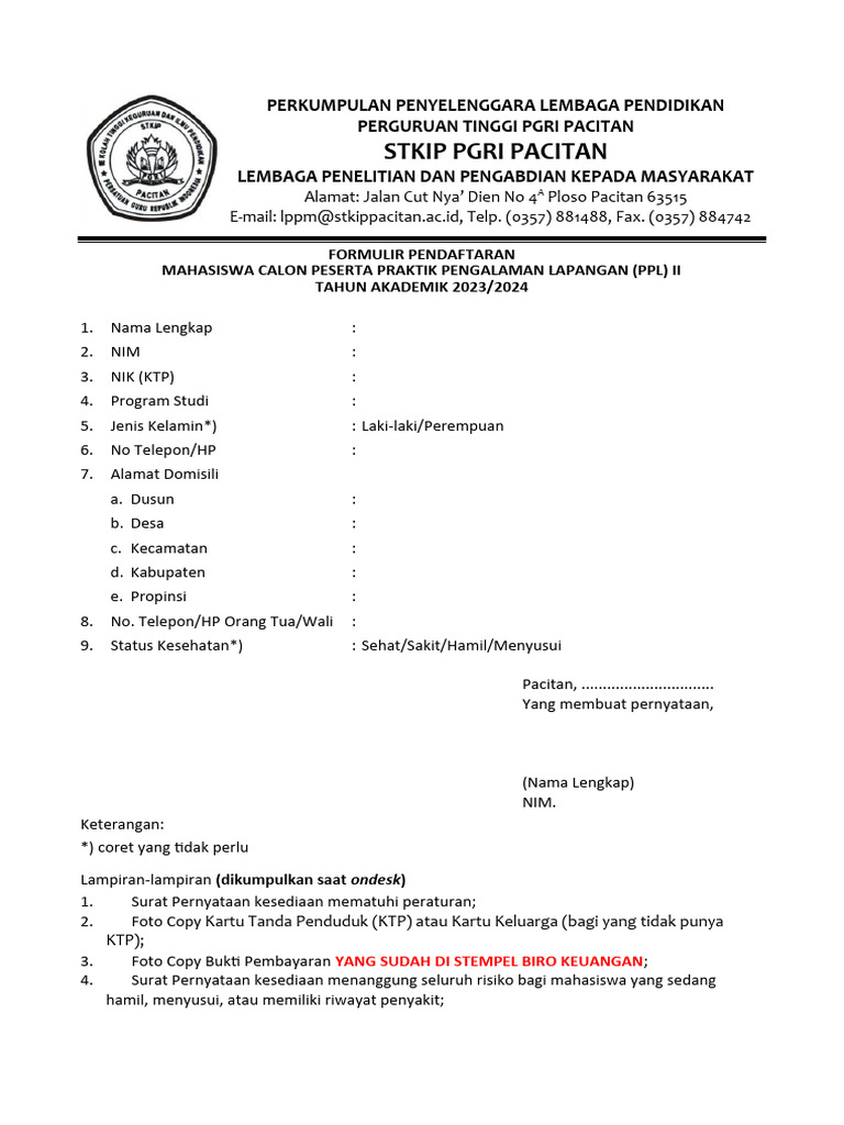 Formulir Surat Pernyataan Ppl 2023 1 Pdf