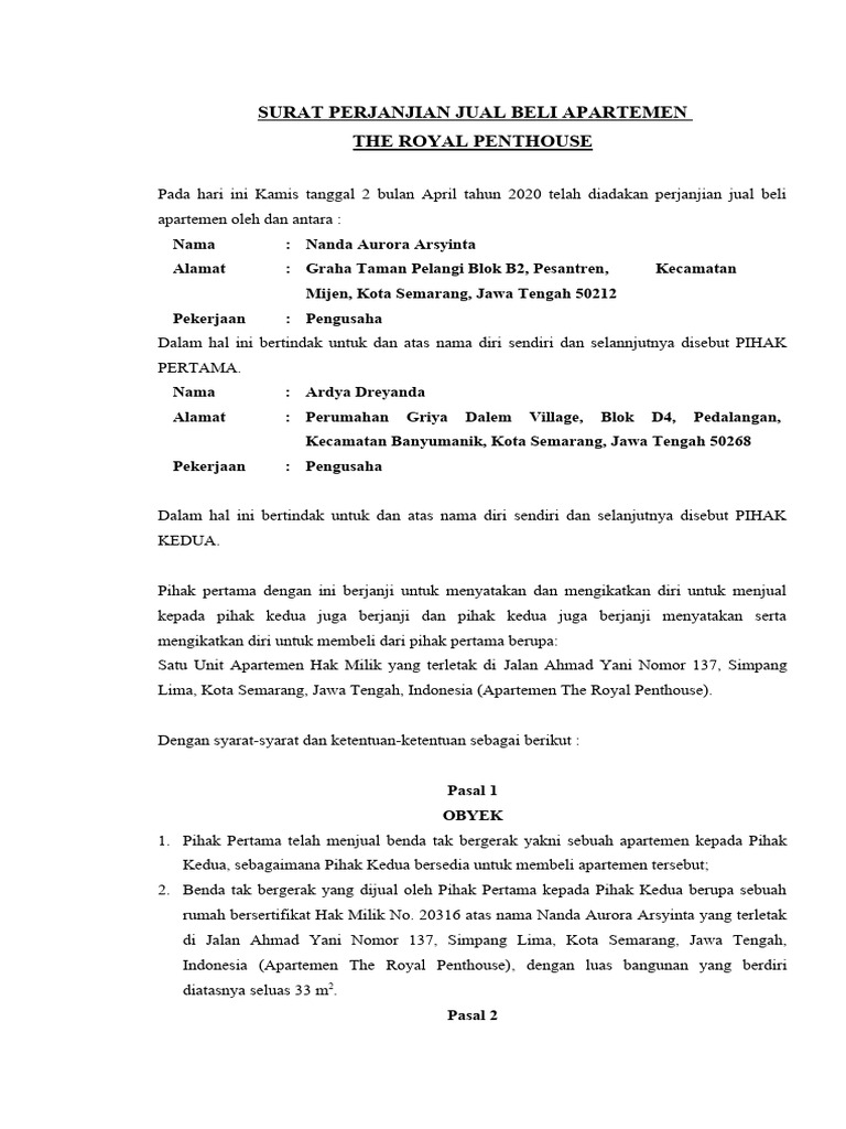 Perjanjian Jual Beli Apartemen The Royal Penthouse | PDF