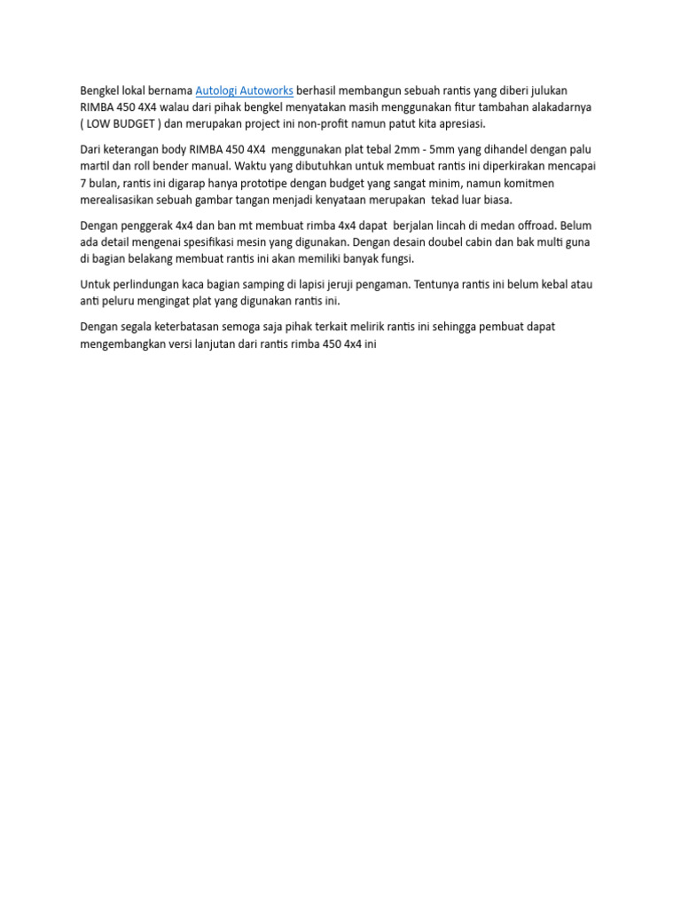 RIMBA 450 4X4: Rantis Low Budget Inovatif | PDF | Teknologi & Rekayasa
