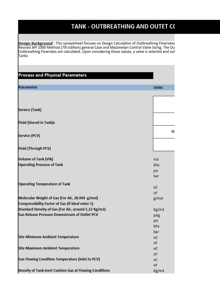 Spreadsheet gas blanketed tanks outbreathing process calculations