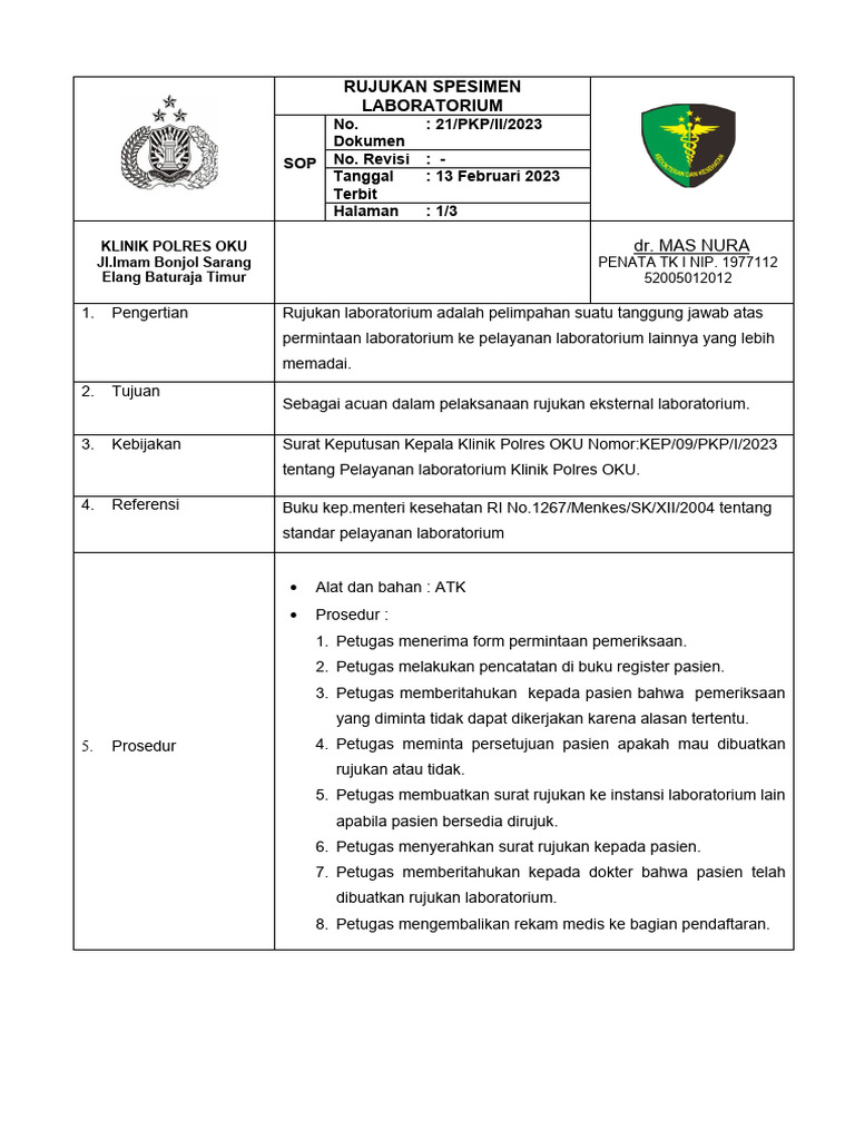 Sop Rujukan Spesimen Laboratorium | PDF