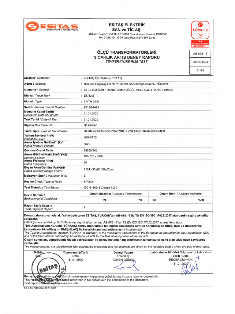 2VTH 30-N Temperature Rise Test | PDF