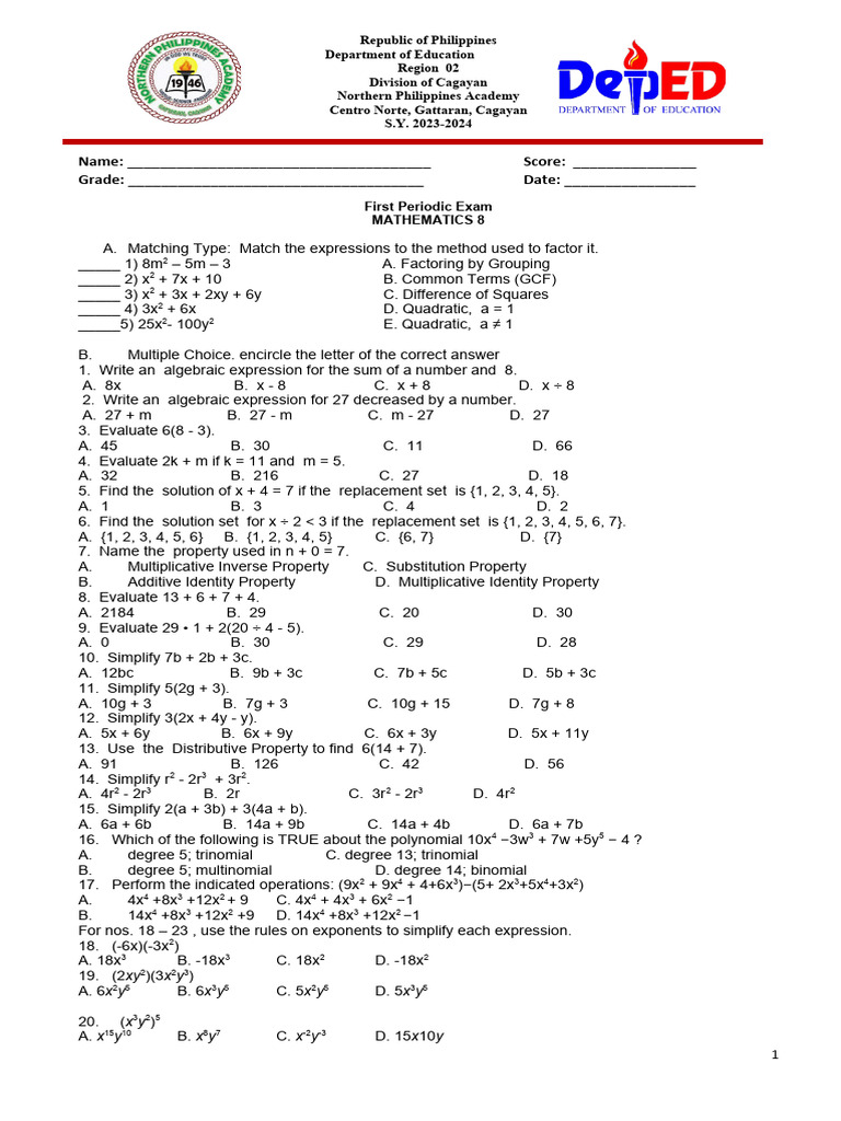 1st Periodic Exam - MAth 8 | PDF | Mathematics | Algebra