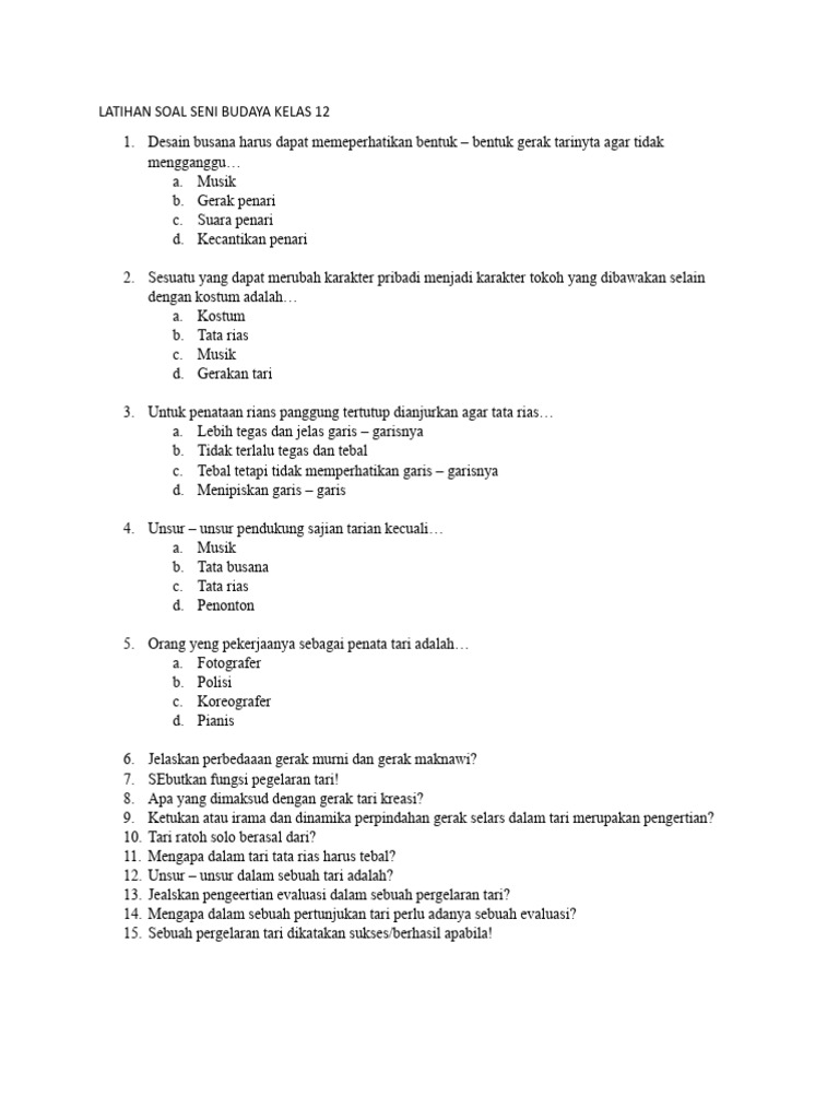 Soal jawaban 47 essay seni tari kelas 12 kurikulum merdeka 2026 semester 2