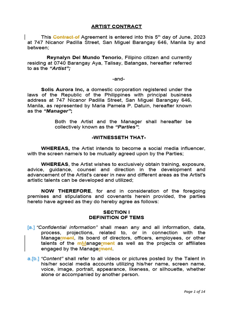 Artist Management Contract Agreement | PDF | Legal Liability | Indemnity