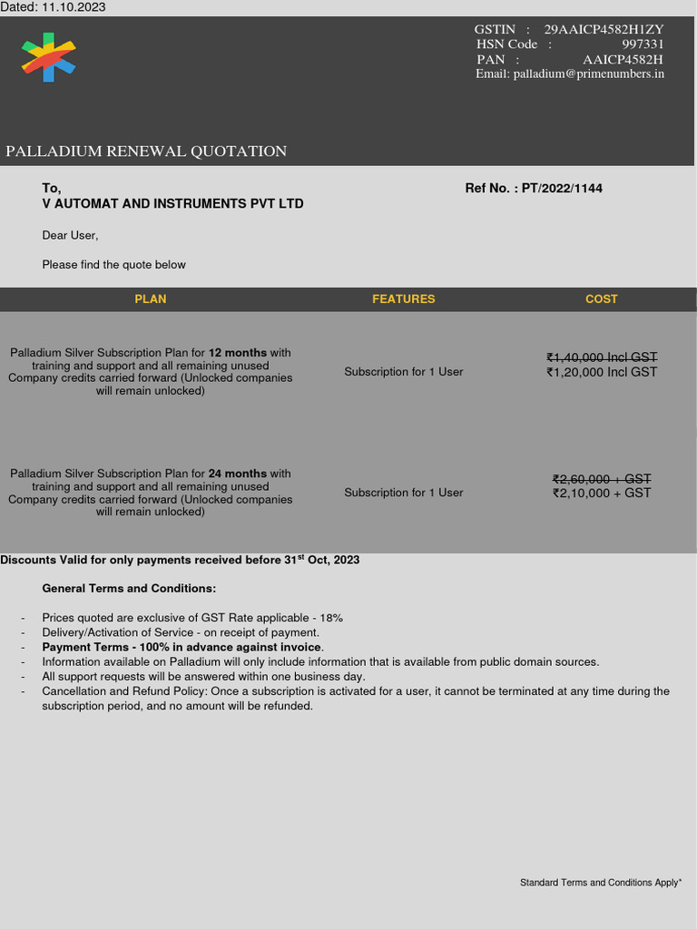 V AUTOMAT AND INSTRUMENTS PVT LTD. Renewal Quotation | PDF