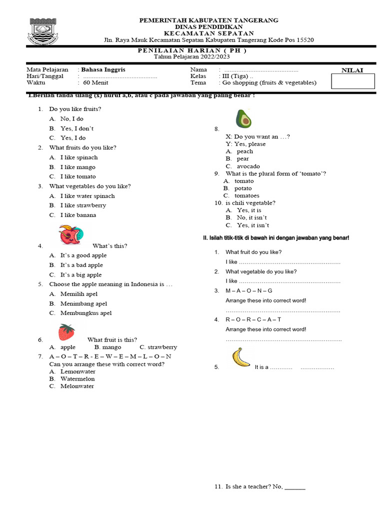 Soal Fruits And Vegetables Kelas 3 Semester 2 Pdf Food Industry