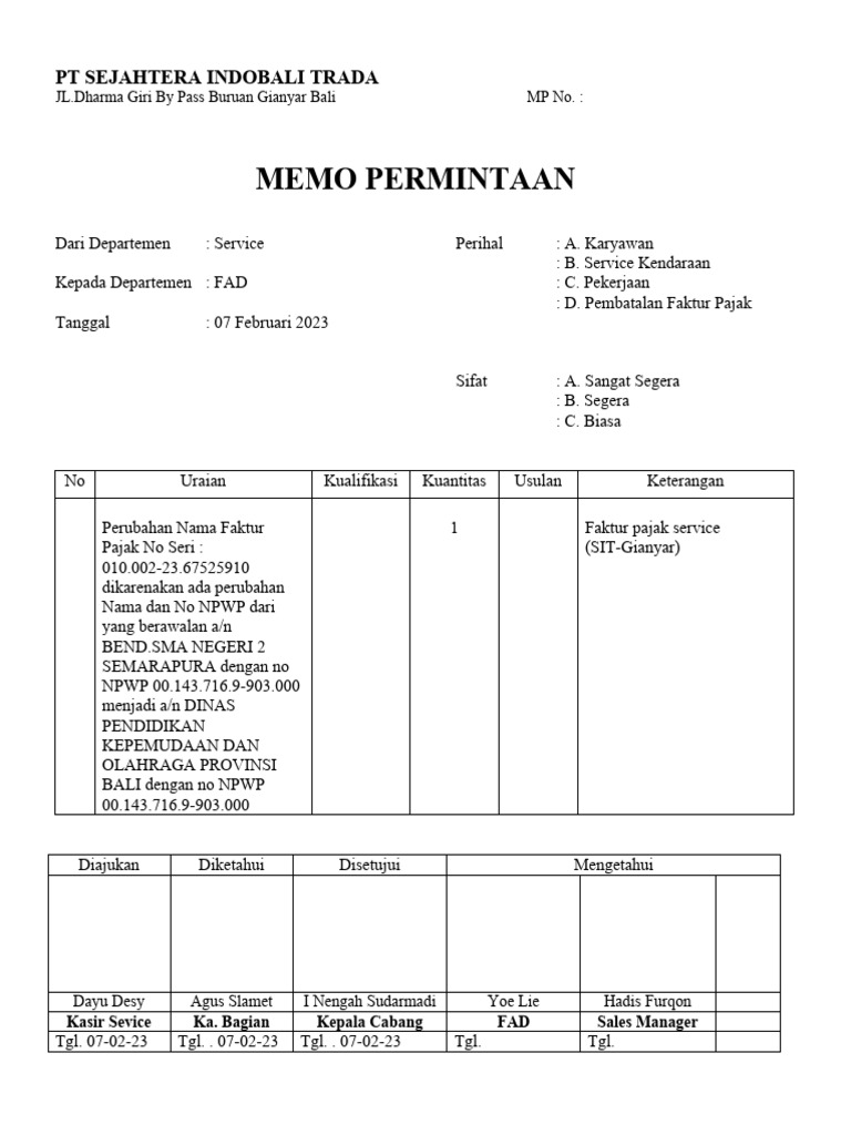 Memo Salah No Dan Nama Npwp Pdf