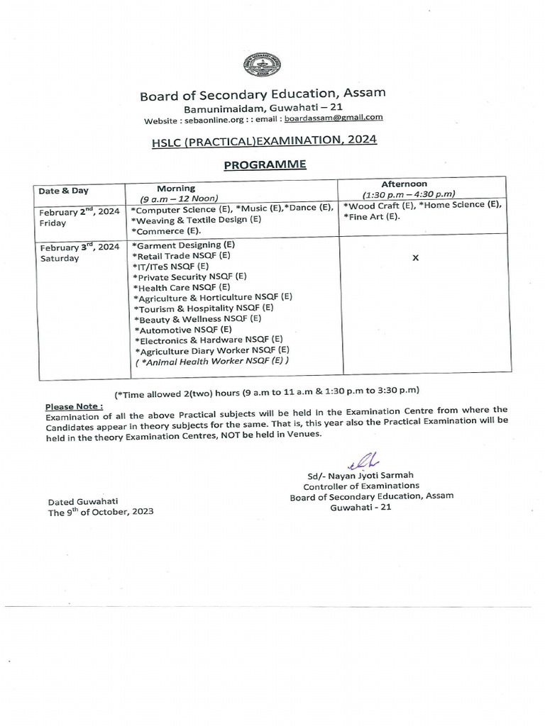HSLC Examination 2024 Programme PDF
