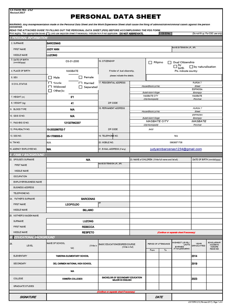 Cs Form No. 212 Personal Data Sheet Revised 1