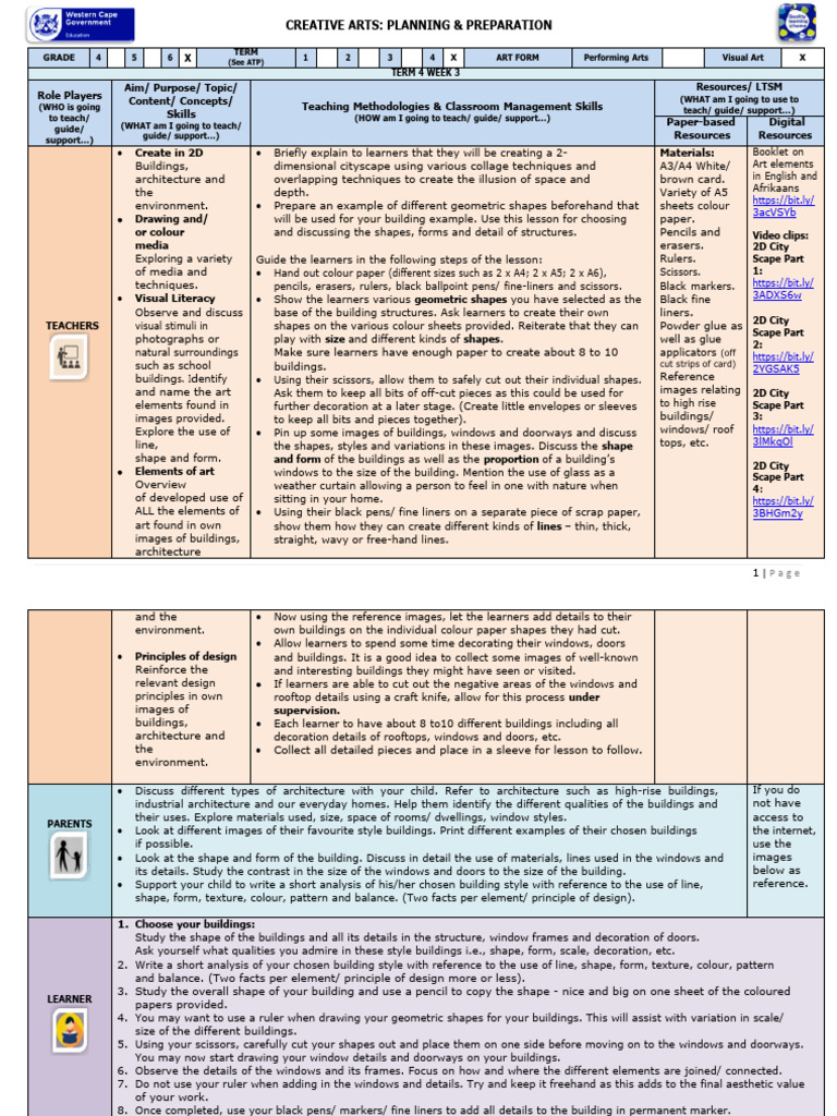 Lesson Plan GR 6 Creative Arts Visual Art T4 W3 | PDF