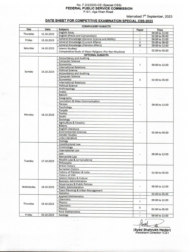 Date Sheet Competitive Examination Special CSS-2023 | PDF