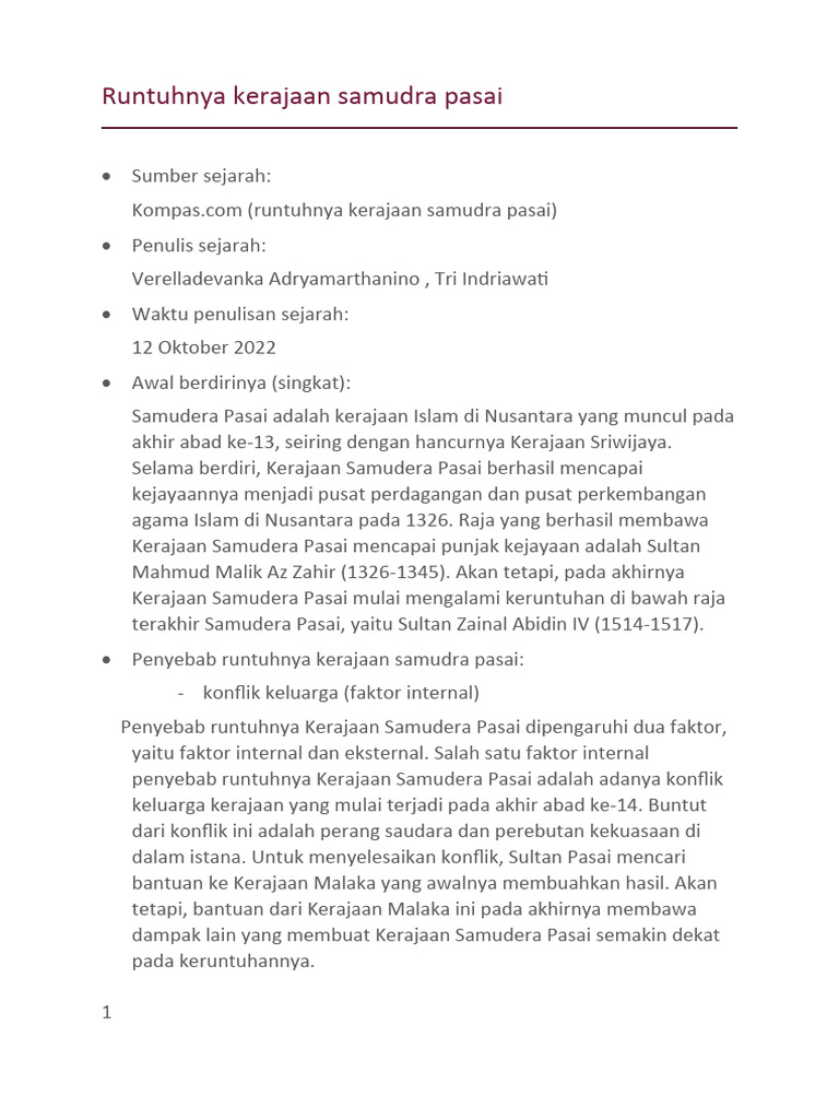 Sejarah Runtuhnya Kerajaan Samudra Pasai | PDF