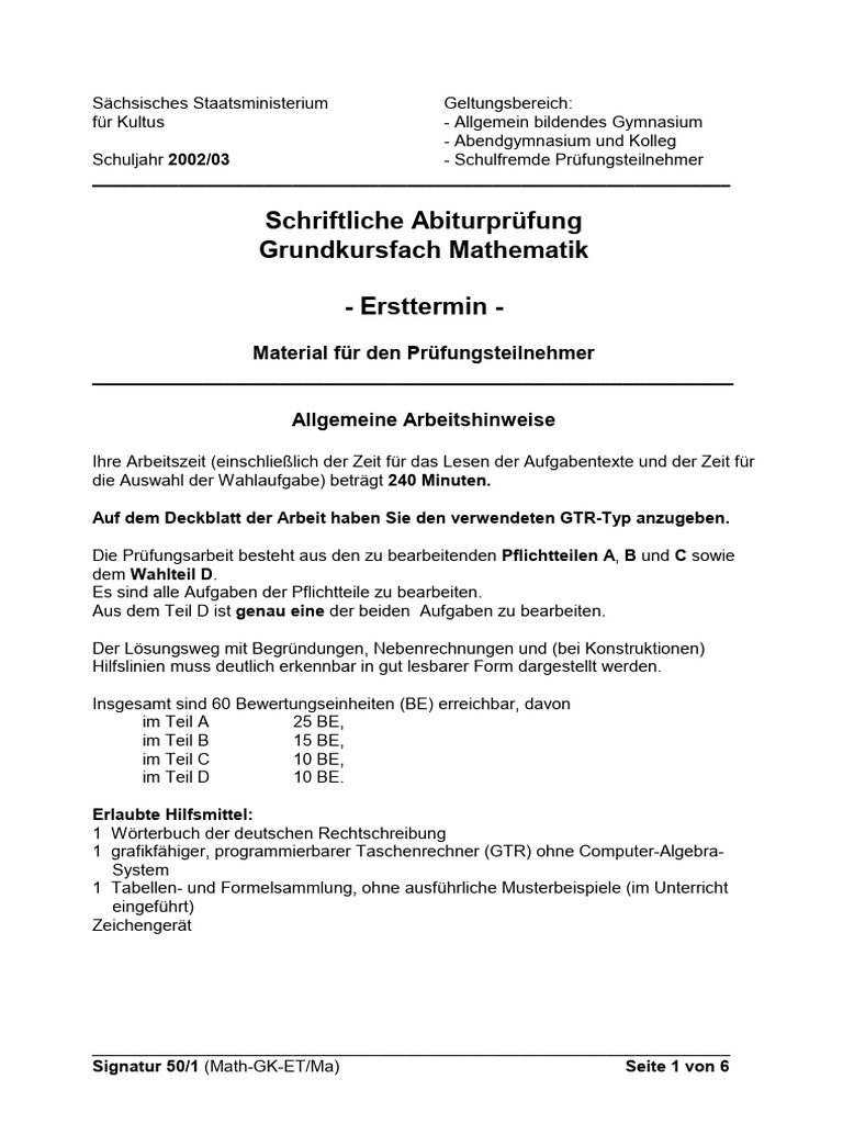 Abiturprüfung 2003 Grundkurs Mathe Sachsen Abi Abitur | PDF