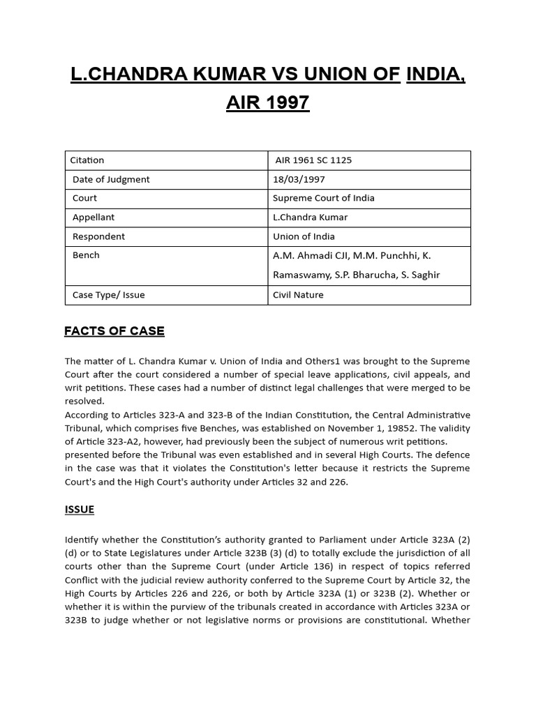 L.chandra Kumar Vs Union of India J Air 1997 PDF Supreme Court Of