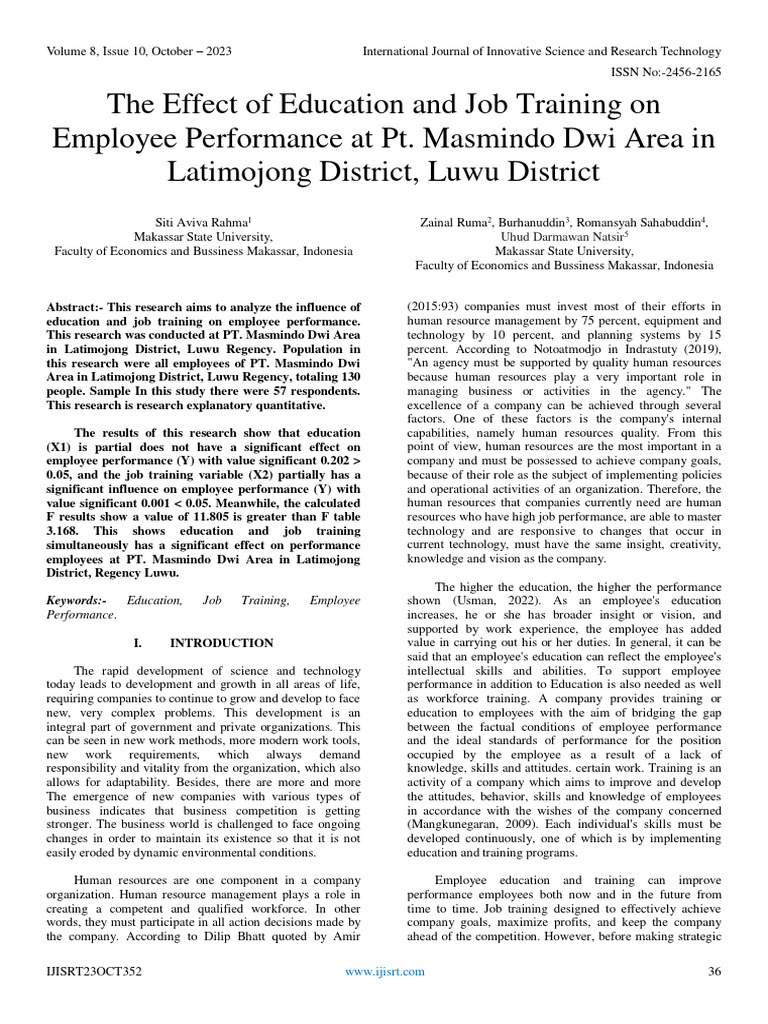 The Effect of Education and Job Training On Employee Performance at Pt ...