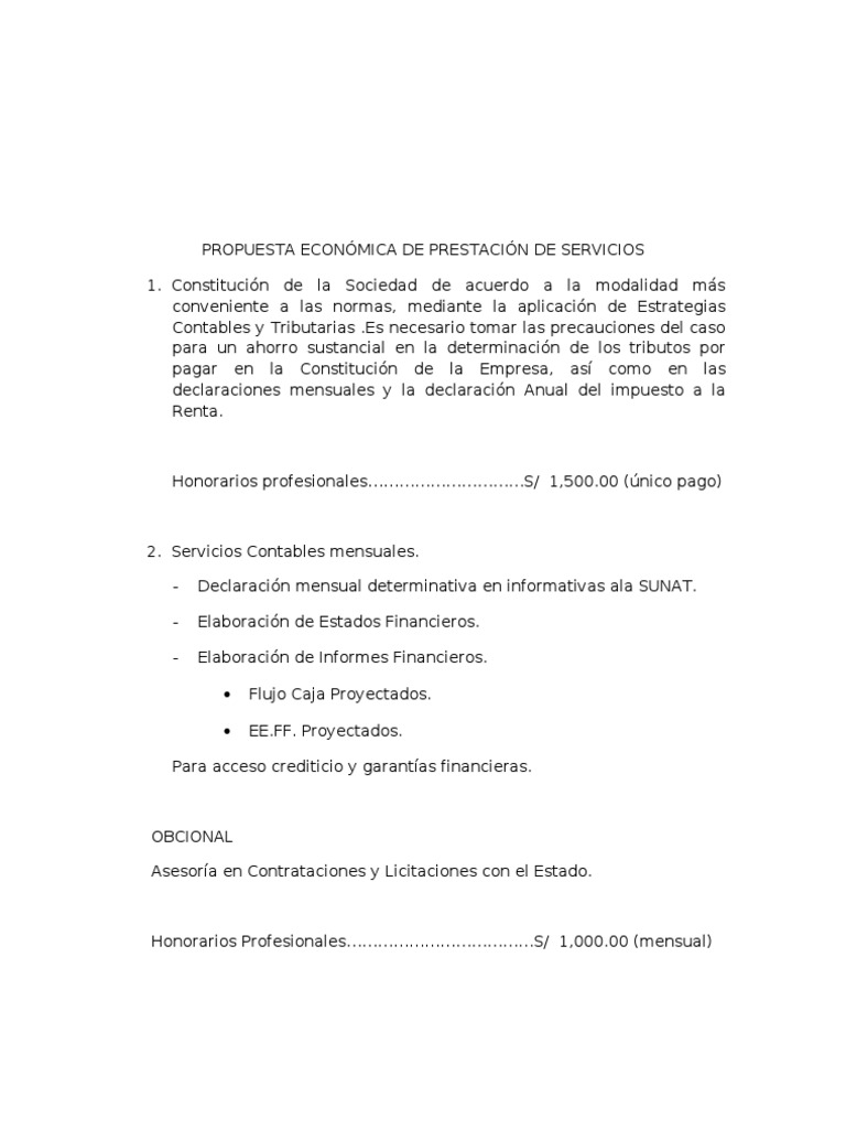 PROPUESTA ECONÓMICA DE PRESTACIÓN DE SERVICIOS