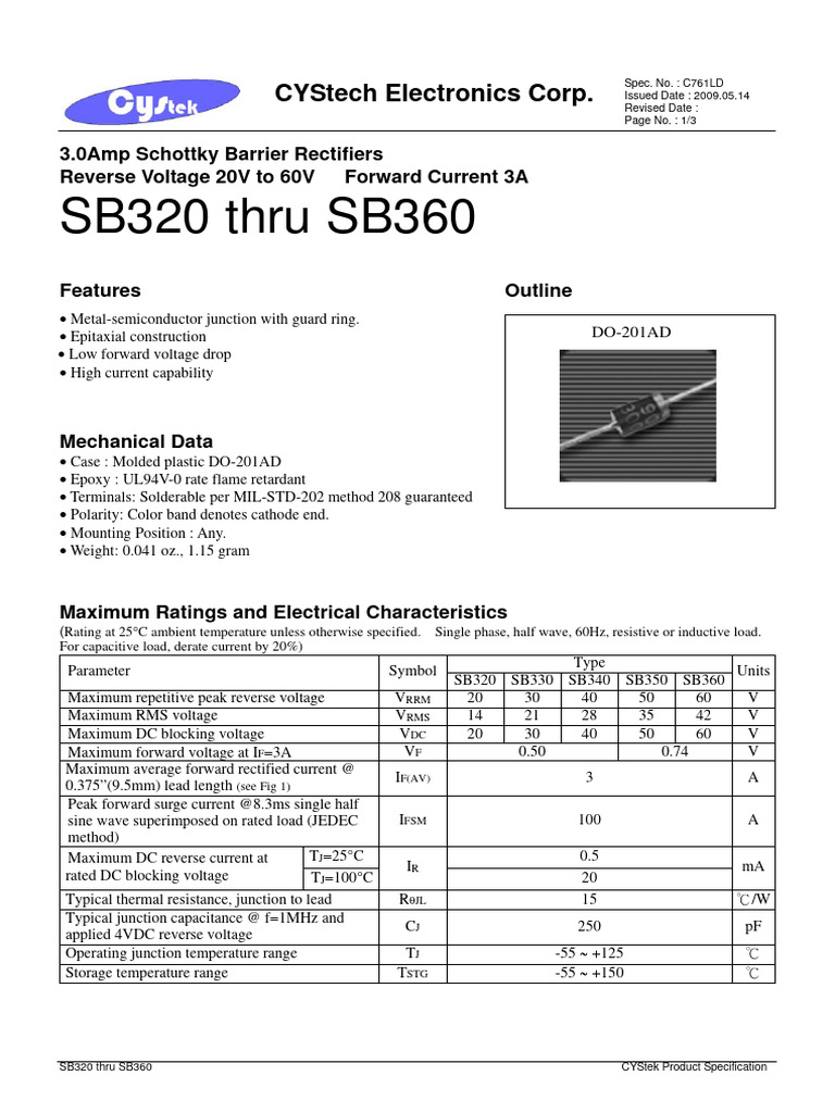 SB320 A SB360 - Diodo - Datasheet | PDF