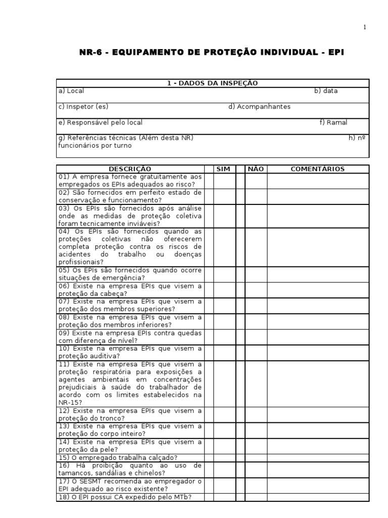 Check List Conformidade Nr 06 Epi