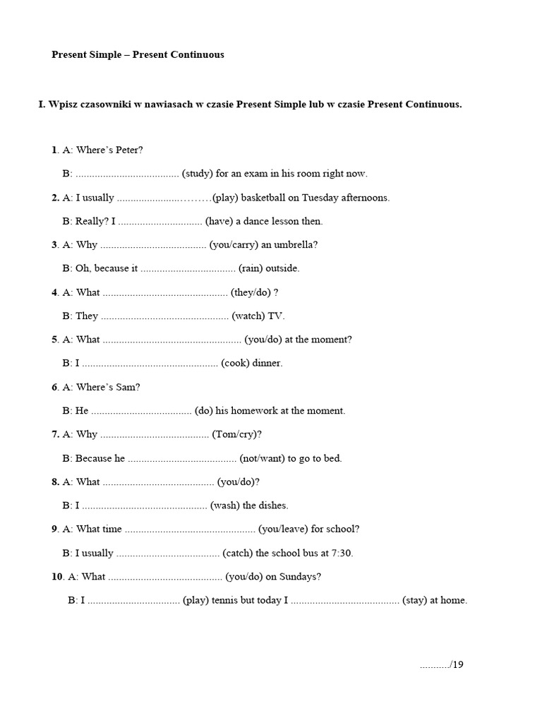Present Simple vs. Present Continuous Exercises | PDF | Cooking, Food ...