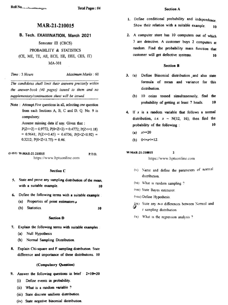 Btech 3 Sem Probability and Statistics 210015 Mar 2021 | PDF