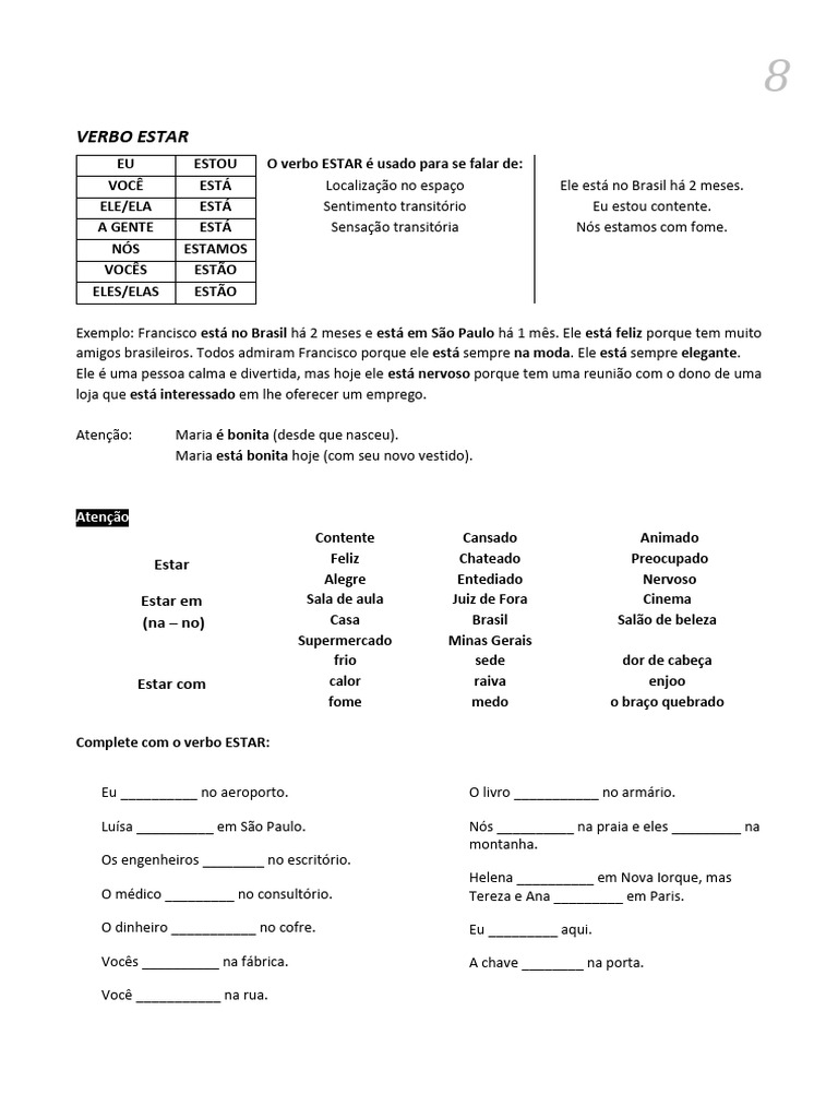 Uso do Verbo Estar em Português | PDF