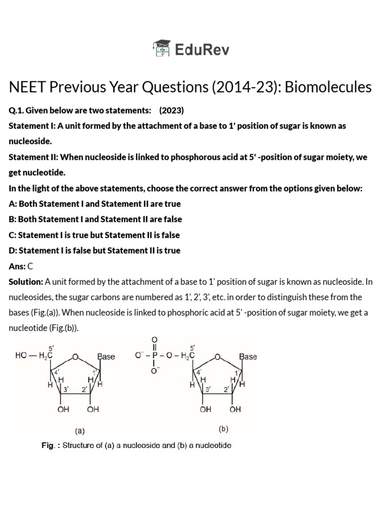 Biomolecules PYQ Chemistry Class 12 PDF Download PDF Amino Acid