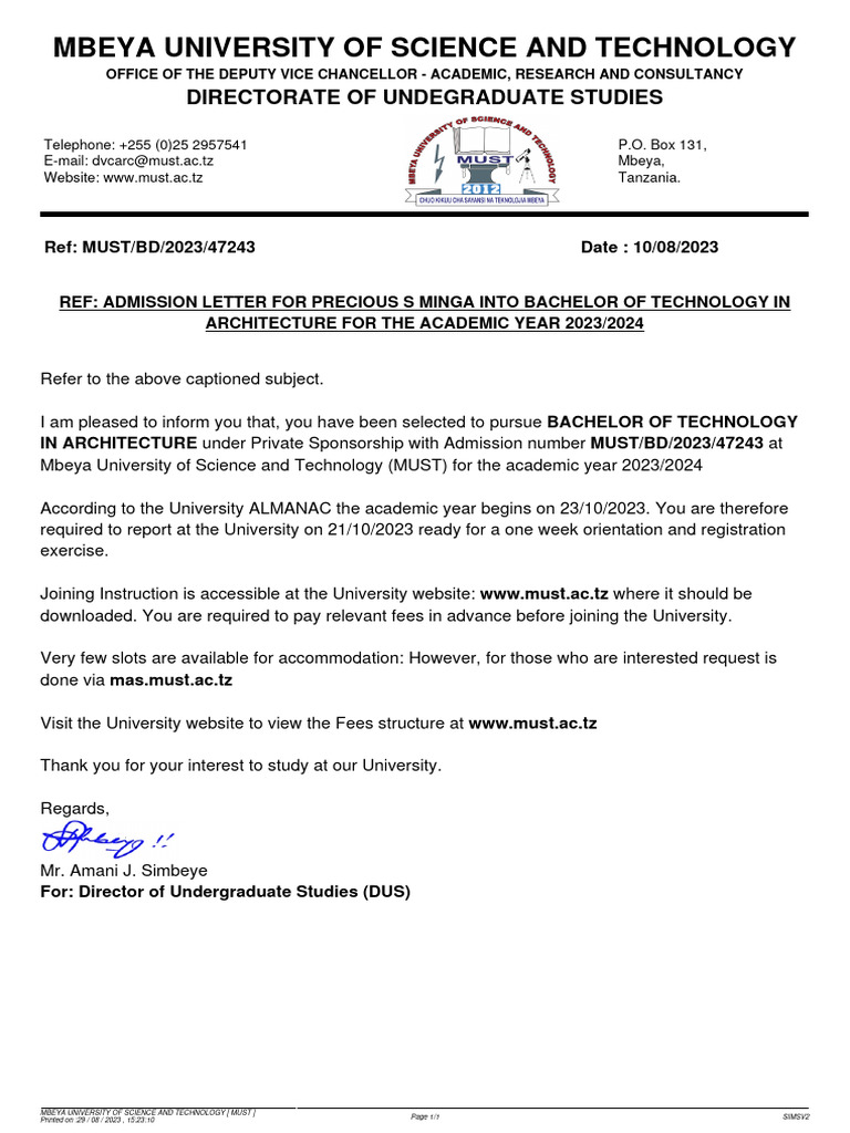 Admission Letter | PDF