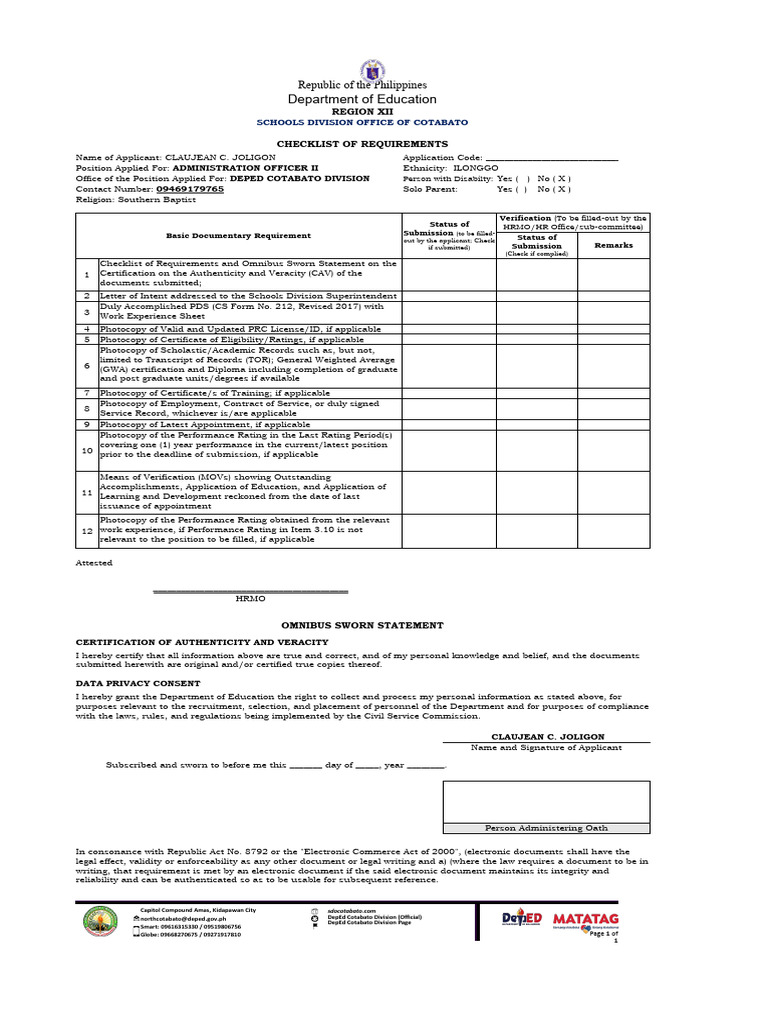 DepEd Non-Teaching Application Checklist | PDF
