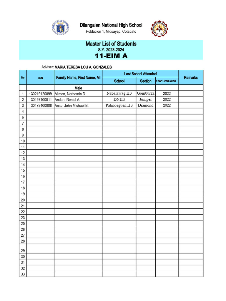 GR 11 Masterlist of Students | PDF