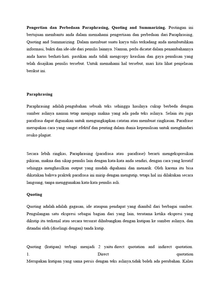 Academic Writing (Paraphrasing, Summarizing, Quotation) | PDF