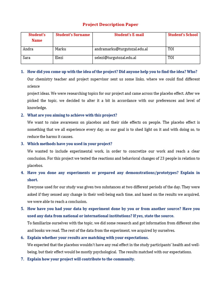 ASEF Project Description Paper | PDF | Placebo | Experiment