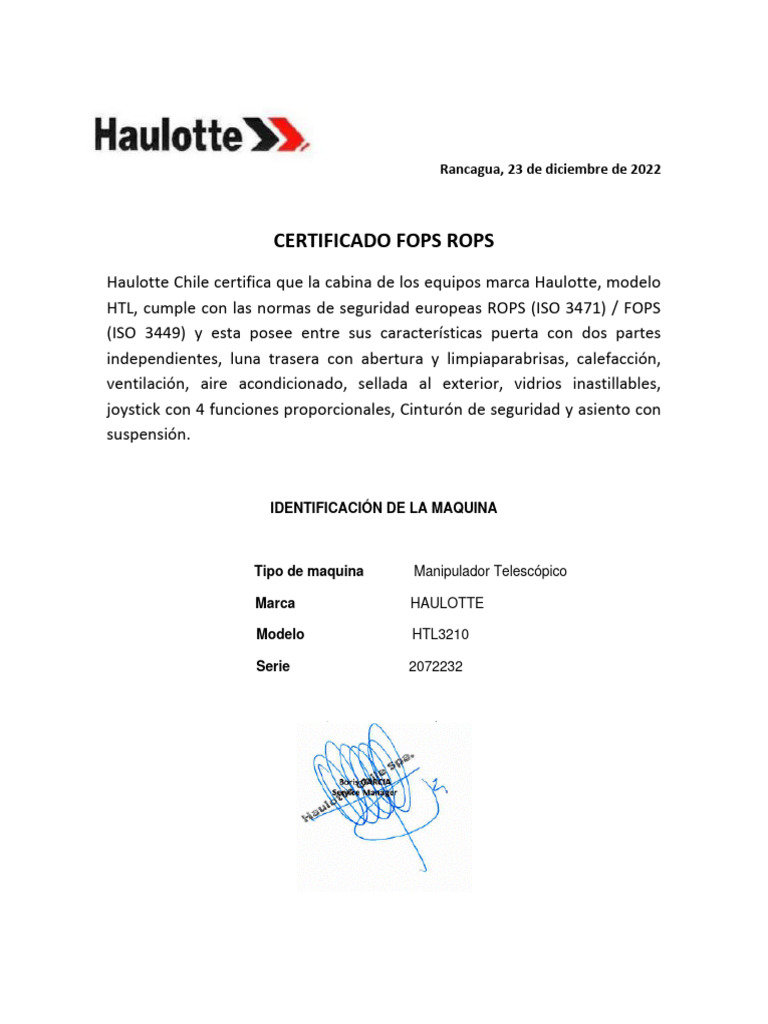 Certificado FOPS ROPS para Cabina Haulotte | PDF