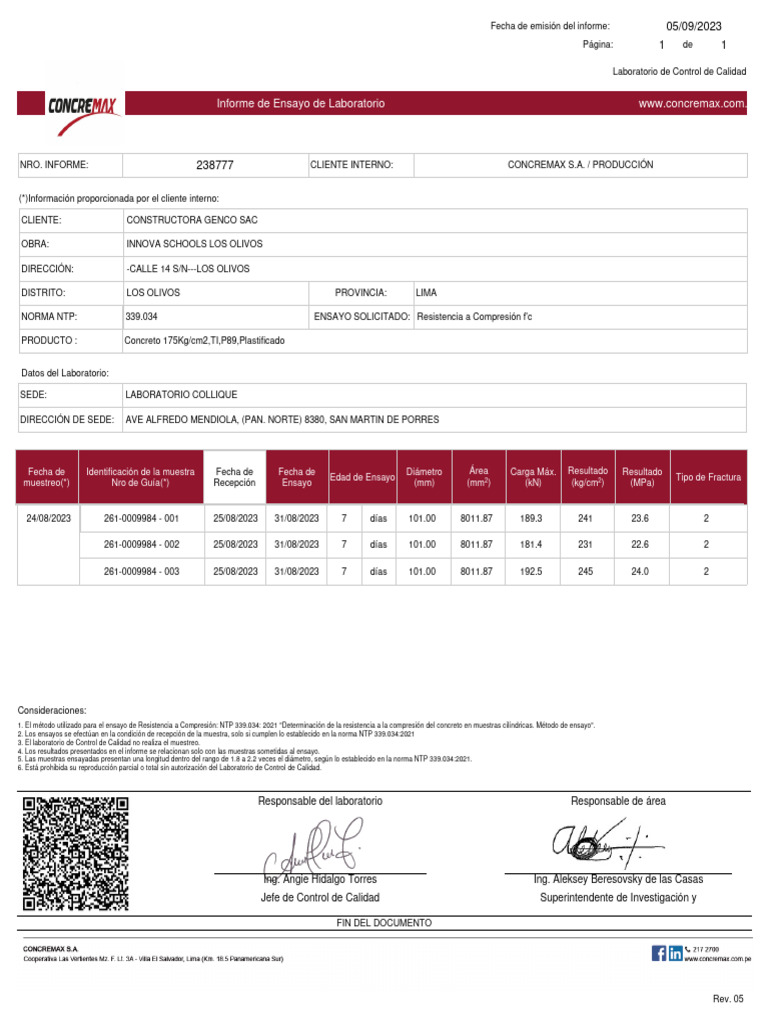 Certificado Innova Los Olivos 2 - 238777-3 Probetas 25.08.23 A 7 Dias | PDF