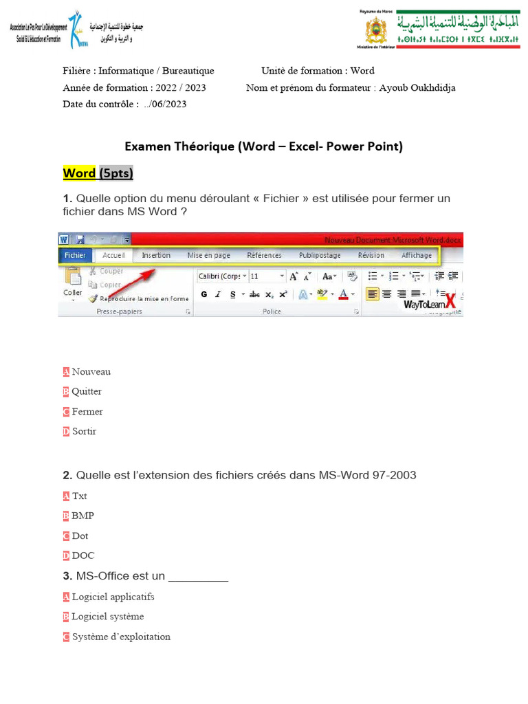Examen Bureautique : Word, Excel, PowerPoint | PDF | Microsoft Word ...
