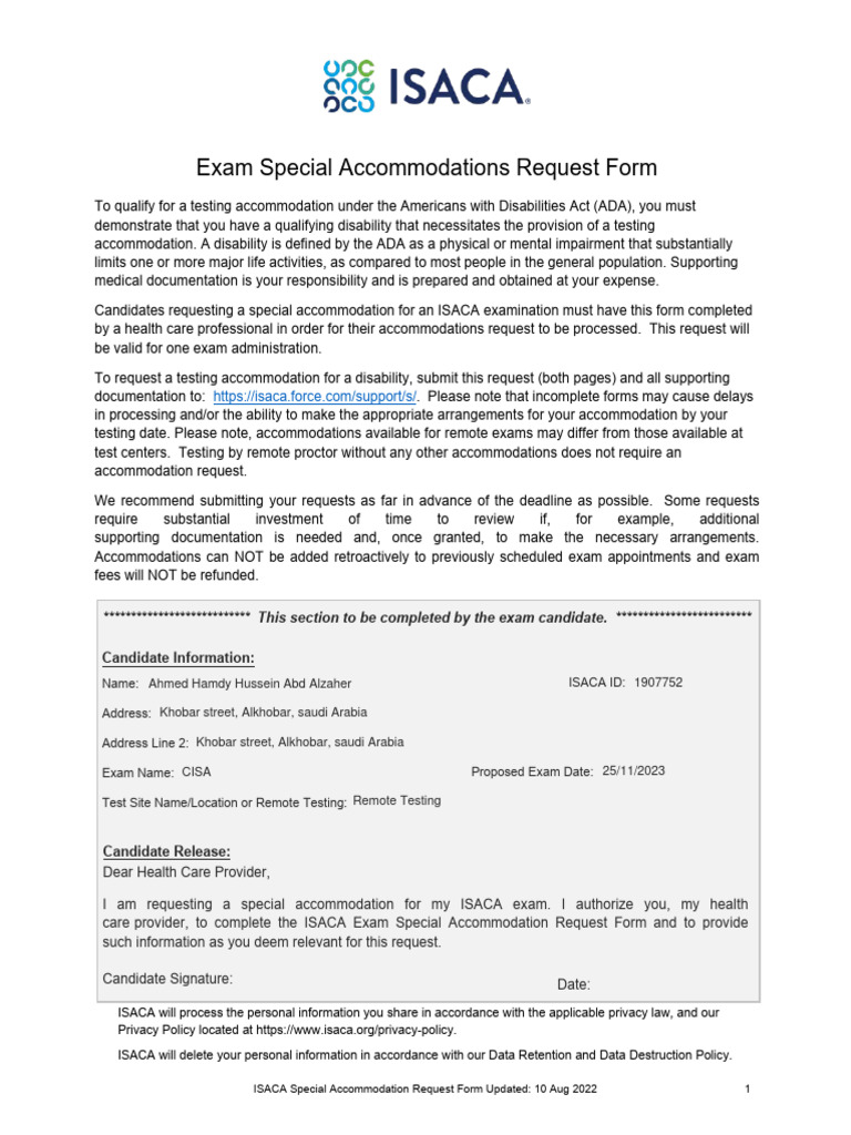 ISACA Exam Special Request Form PDF