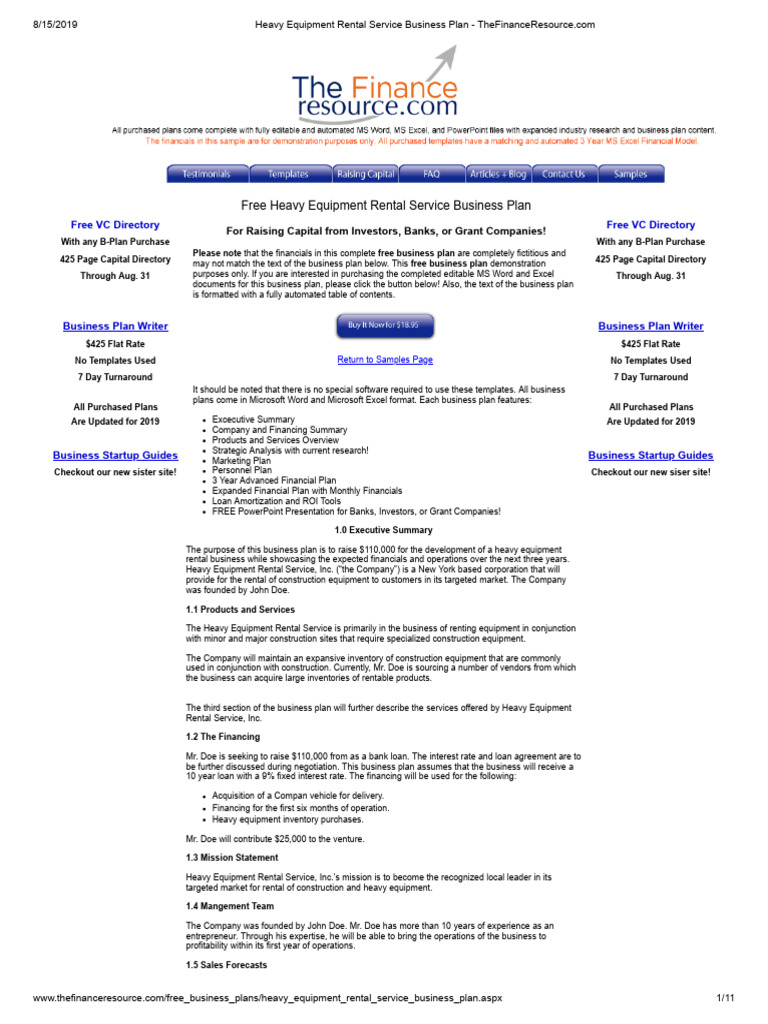 Heavy Equipment Rental Business Plan | PDF | Business | Finance & Money ...