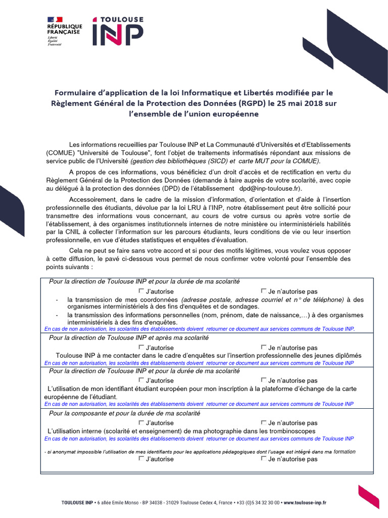 Formulaire RGPD Toulouse INP | PDF | Vie privée et informatique