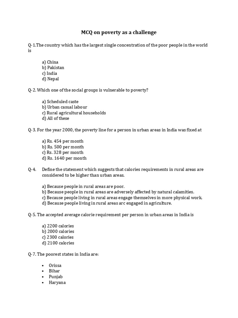 Class 9 sst chapter poverty as a challenge mcq pdf