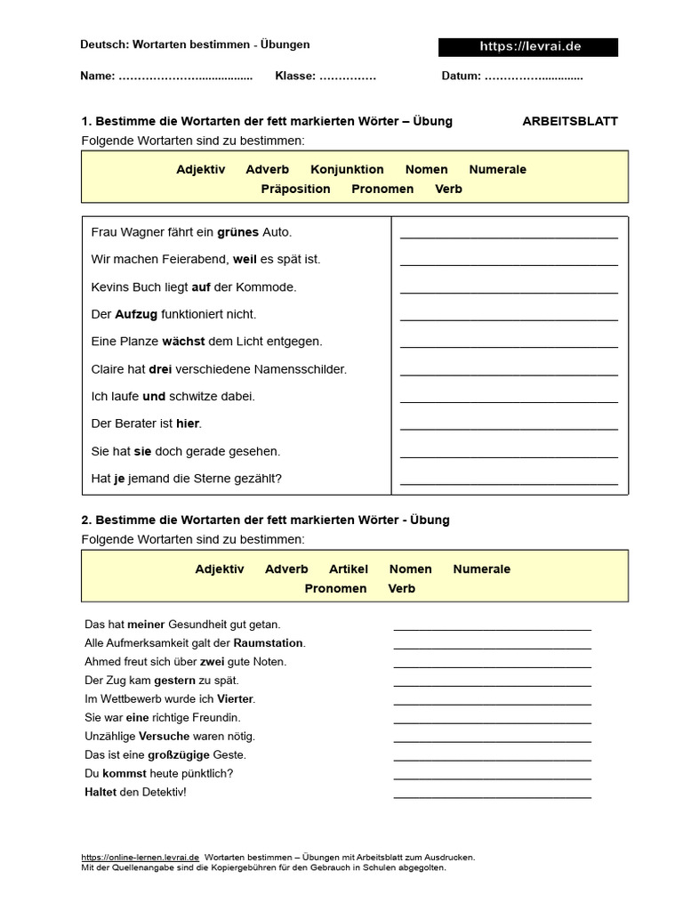 20 Wortarten Bestimmen Arbeitsblatt Uebungen | PDF