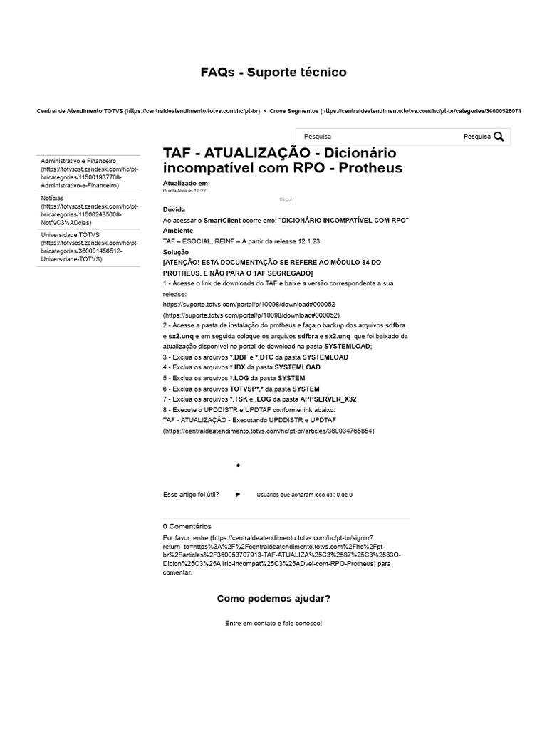 Taf atualiza o dicion rio incompat vel com rpo protheus