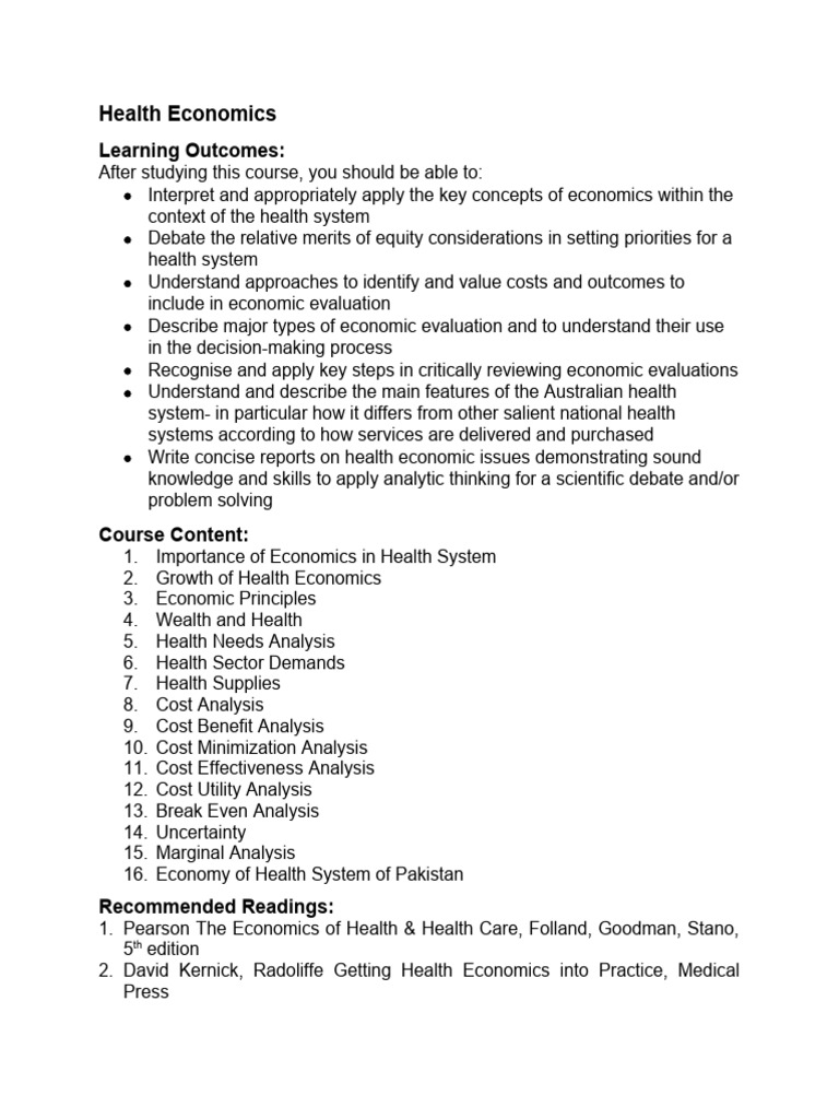 Course Outline - Health Economics | PDF