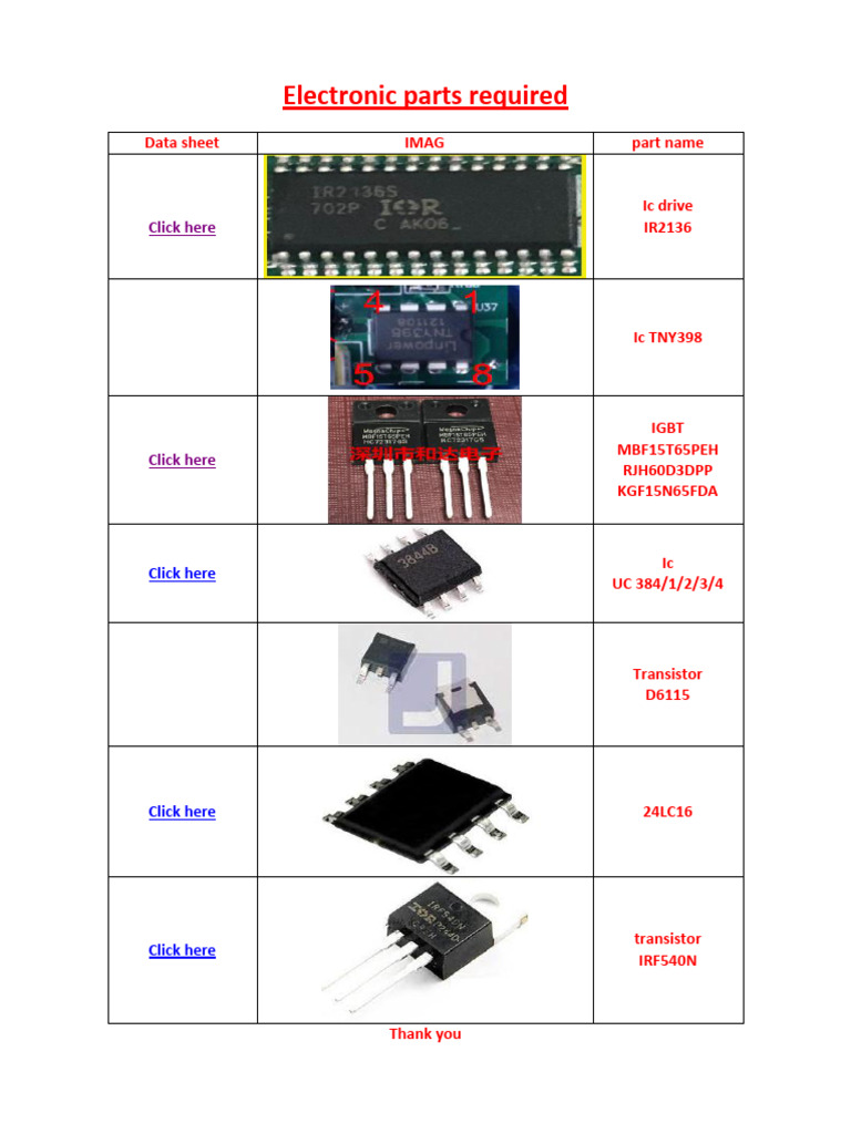 Electronic Parts Data Sheet | PDF