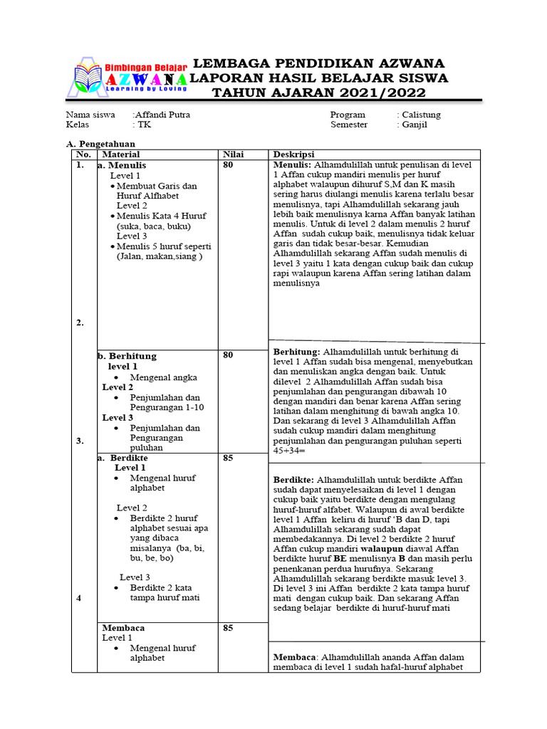 Laporan Hasil Belajar Calistung TK | PDF | Seni & Disiplin Bahasa